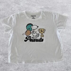 Peanuts Snoopy Football Graphic T-Shirt White XXL Short Sleeve Cropped Boxy Tee